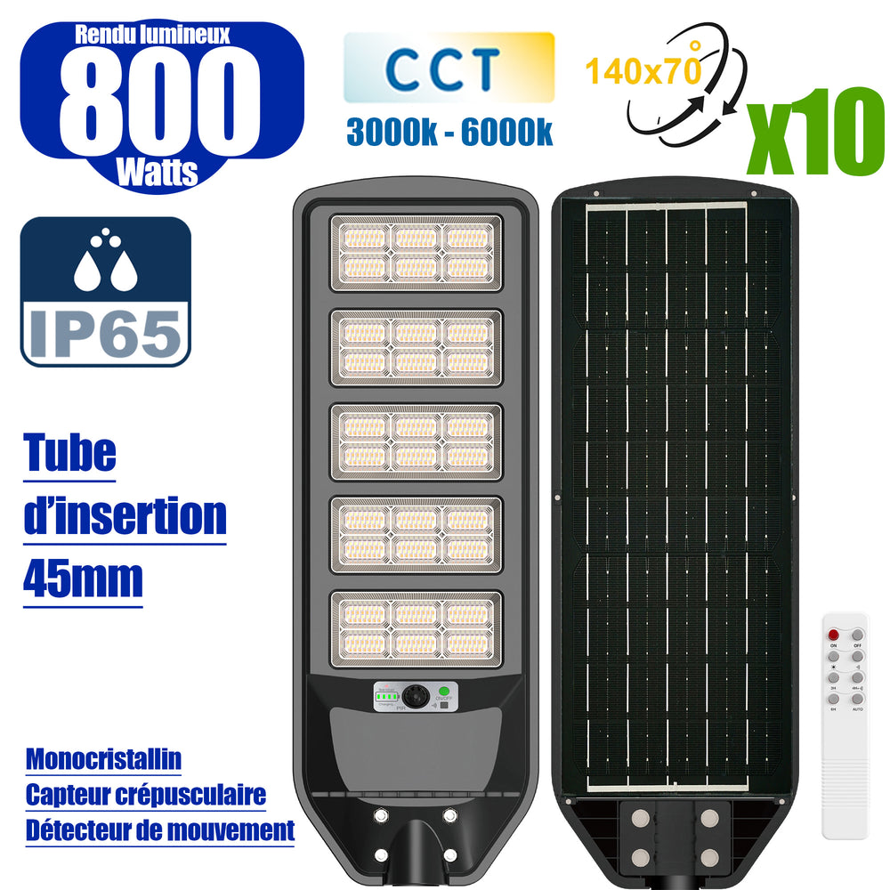 Pack de 10x Luminaires Solaires LED pour Candélabre / Lampe de rue et parking - Série VIEW V3 CCT - 800 Watts - 3500 Lumens - Angle 140*70° - IP65 - Lampe 72 x 25 x 5 cm - Panneau MONOCRISTALLIN 61 x 23 cm - Détecteur de mouvement
