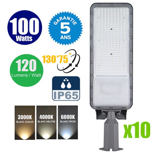 Pack de 10x Lampes de rue filaires - Série FLEX ECO BASIC - 100 Watts - 12 000 Lumens - 120 Lumens/Watt - Angle 130° x 75° - IP65 - 53 x 14 x 8 cm - Tube d'insertion 60mm - Support ajustable - 3000K / 4000K / 6000K au choix - Garantie 5 ans