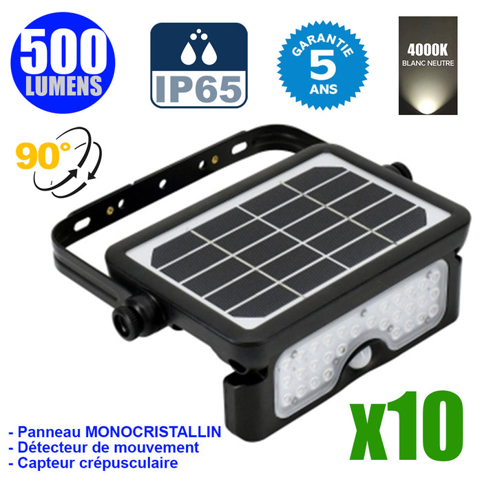 Pack de 10x Projecteurs LED solaires avec détecteur de mouvement - Série SOFT V1 - 500 Lumens - 23 x 15 x 4 cm - Angle 90° - IP65 - 4000k - Panneau solaire MONOCRISTALLIN - Avec détecteur de mouvement - Garantie 5 ans