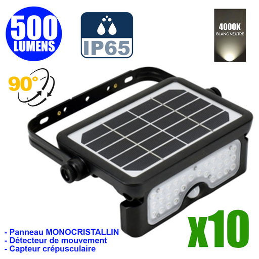 Pack de 10x Projecteurs LED solaires avec détecteur de mouvement - Série SOFT V1 - 500 Lumens - 23 x 15 x 4 cm - Angle 90° - IP65 - 4000k - Panneau solaire MONOCRISTALLIN - Avec détecteur de mouvement