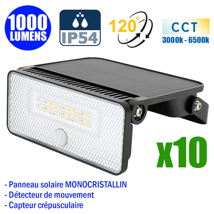 Pack de 10x Projecteurs LED solaires détecteurs - Série SOFT V2 - 1000 Lumens - CCT (Couleur Changeante en Température) - Angle 120° - IP54 - 14 x 11 x 3 cm  - Panneau solaire MONOCRISTALLIN - Avec détecteur de mouvement - Capteur crépusculaire - 4 Modes