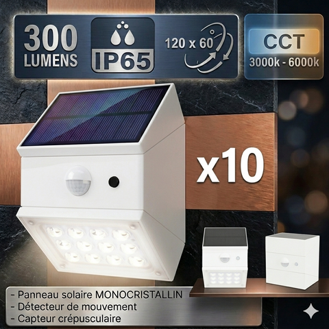 Pack de 10x Projecteurs muraux LED solaires - CCT(Couleur Changeante en Température) Série WALL V1 -  300 Lumens - Angle 120°x60° - IP65 - 95 x 88 x 74 mm - Modèle BLANC - 2 MODES - Avec détecteur de mouvement - Avec capteur crépusculaire - Garantie 5 ans