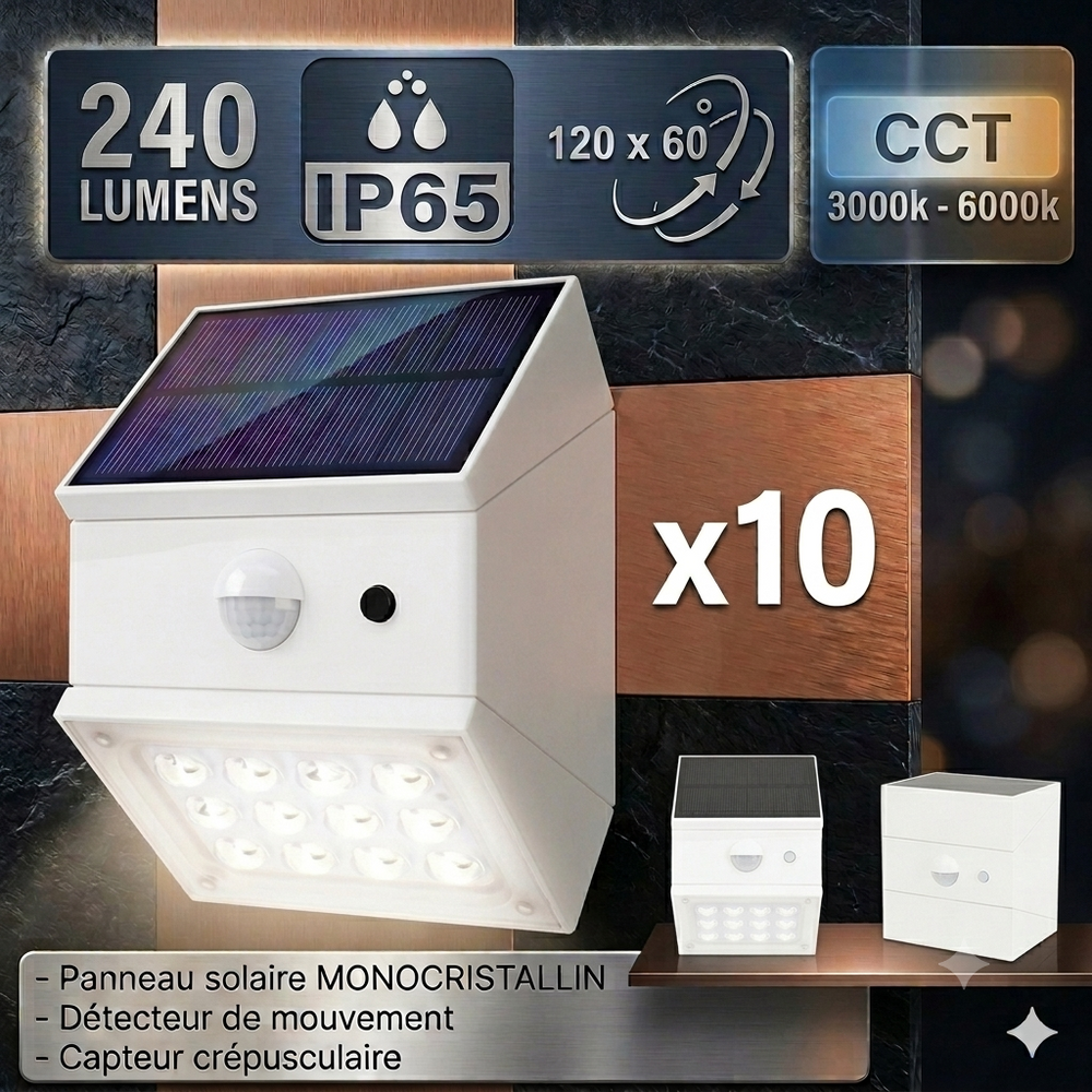 Pack de 10x Projecteurs muraux LED solaires - CCT(Couleur Changeante en Température) Série WALL V1 -  240 Lumens - Angle 120°x60° - IP65 - 95 x 88 x 74 mm - Modèle BLANC - 2 MODES - Avec détecteur de mouvement - Avec capteur crépusculaire