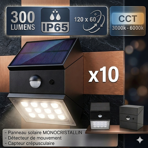 Pack de 10x Projecteurs muraux LED solaires - CCT(Couleur Changeante en Température) Série WALL V1 -  300 Lumens - Angle 120°x60° - IP65 - 95 x 88 x 74 mm - Modèle NOIR - 2 MODES - Avec détecteur de mouvement - Avec capteur crépusculaire - Garantie 5 ans