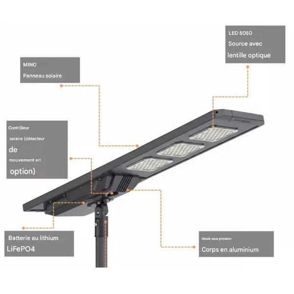 Lampe de rue solaire - Série STARSHIP ULTRA V2 - 9600 Lumens - 60 Watts - Couleur 6500K - Angle 150x70° - IP65 - Structure Aluminium - 1130 x 400 x 102 mm - Tube d'insertion 76mm - Régulateur MPPT - Garantie 2 ans