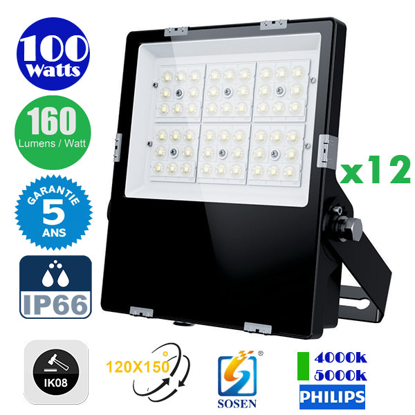 Pack de 12x Projecteurs LED Haute Puissance - Série CITY PLUS EVO 100 Watts - 16 000 Lumens - 160 Lumens/Watt - Angle  120x150° - IP66 - IK08 - 29 x 25 x 5 cm - Câble 1 mètre - Transformateur SOSEN - Garantie 5 ans