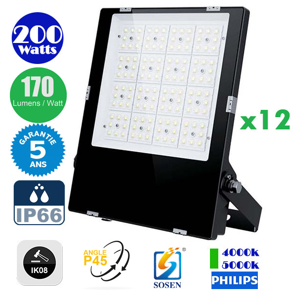 Pack de 12x Projecteurs LED Haute Puissance - Série CITY PLUS EVO 200 Watts - 34 000 Lumens - 170 Lumens/Watt - Angle P45 - IP66 - IK08 - 41 x 33 x 5 cm - Transformateur SOSEN - 4000k/5000k - Garantie 5 ans