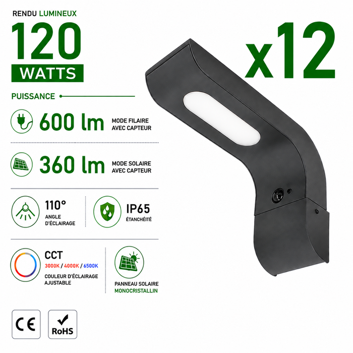 Pack de 12x Appliques murales LED Hybrides - Série APLIK - CCT - Solaire & filaire - 360 / 600 Lumens - Angle 110° - IP65 - 27 x 16 x 9 cm -  Avec capteur crépusculaire - Avec détecteur de mouvement PIR