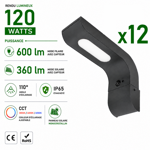 Pack de 12x Appliques murales LED Hybrides - Série APLIK - CCT - Solaire & filaire - 360 / 600 Lumens - Angle 110° - IP65 - 27 x 16 x 9 cm -  Avec capteur crépusculaire - Avec détecteur de mouvement PIR