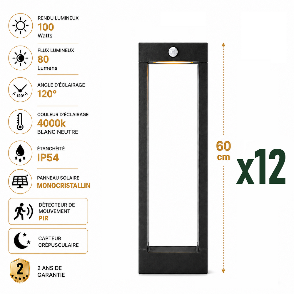 Pack de 12x Balises / Bornes solaires LED - Série BALIZ ALU 60CM - Rendu lumineux 100 Watts - 80 Lumens - Angle 120° - IP54 - 60 x 16 x 5 cm - Avec capteur crépusculaire - Avec détecteur de mouvement PIR - Panneau MONOCRISTALLIN - 4000K