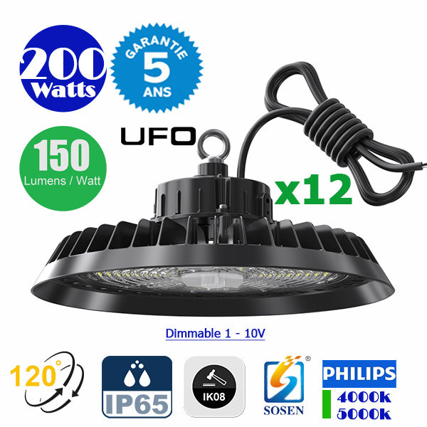 Pack de 12x Lampes industrielles UFO - Série CROSSOVER V1 - 200 Watts - 30 000 Lumens - 150 Lumens/Watt - Angle 120° - IP65 - IK08 - 35 x 14 cm - Dimmable - Transformateur SOSEN - 4000k / 5000k - Garantie 5 ans