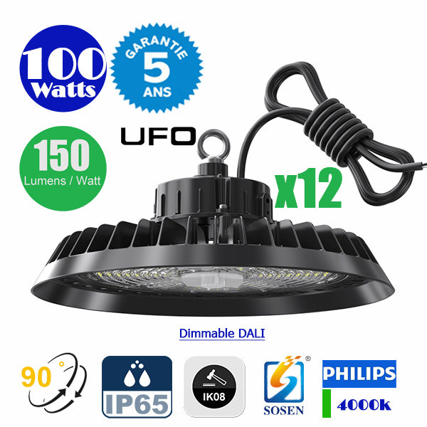 Pack de 12x Lampes industrielles UFO - Série CROSSOVER V1 - 100 Watts - 15 000 Lumens - 150 Lumens/Watt - Angle 90° - IP65 - IK08 - 26 x 14 cm - Dimmable DALI - Transformateur SOSEN - 4000k - Garantie 5 ans
