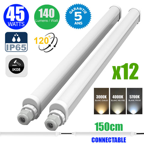 Pack de 12x Réglettes LED étanches - Série ECO140 - Version HAUT RENDEMENT - Connectables - 150 cm - 45 Watts - 6300 Lumens - 140 Lumens/Watt - IP65 - Angle 120° - 150 x 5 x 4 cm - 3000k / 4000k / 5700k au choix - Garantie 5 ans