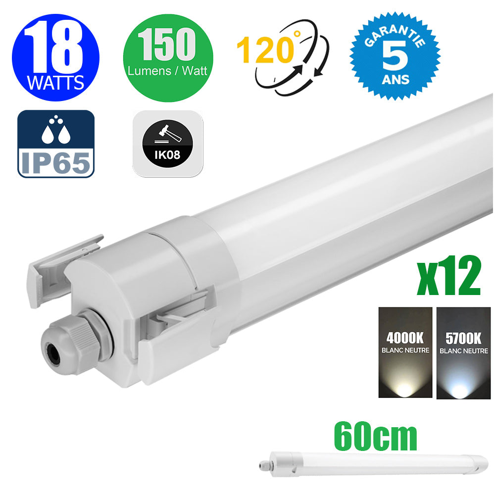 Pack de 12x Réglettes LED étanches - Série INJECTION - NON CONNECTABLES - 60cm - 18 Watts - 2700 Lumens - 150 Lumens/Watt - Angle 120° - IP65 - 65 x 6 x 6 cm - Protection à l'impact IK08 - 4000K/5700K au choix - Garantie 5 ans