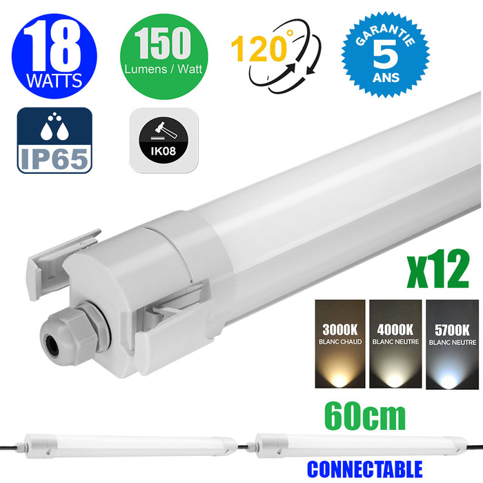 Pack de 12x Réglettes LED étanches - Série INJECTION - CONNECTABLES - 60cm - 18 Watts - 2700 Lumens - 150 Lumens/Watt - Angle 120° - IP65 - 65 x 6 x 6 cm - Protection à l'impact IK08 - 3000K/4000K/5700K au choix - Garantie 5 ans