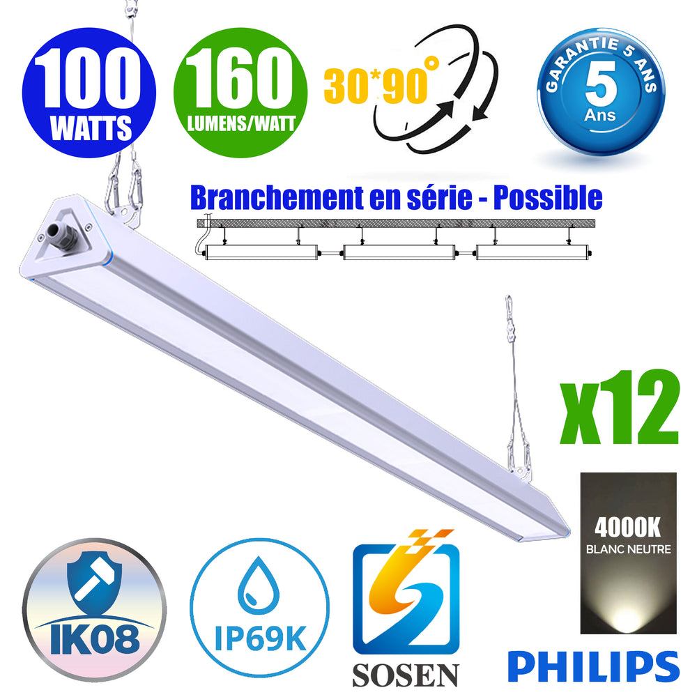 Pack de 12x Lampes industrielles linéaires - Série LINEAR V2 - 100 Watts - 16 000 Lumens - 160 Lumens/watt - Angle 30x90°  - IP66 - 60 x 11 x 8 cm - Transformateur SOSEN - Branchement en Série Possible - 4000K - Garantie 5 ans