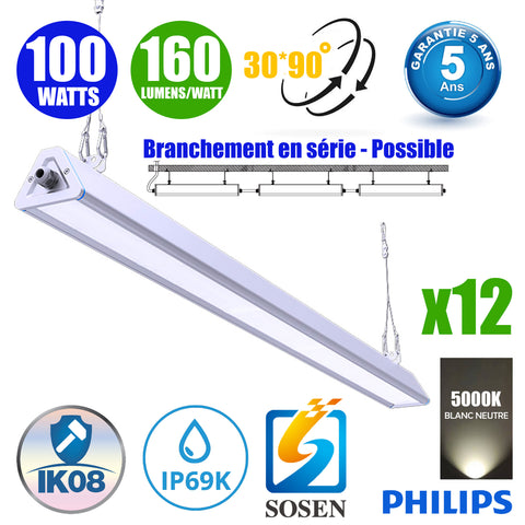Pack de 12x Lampes industrielles linéaires - Série LINEAR V2 - 100 Watts - 16 000 Lumens - 160 Lumens/watt - Angle 30x90°  - IP66 - 60 x 11 x 8 cm - Transformateur SOSEN - Branchement en Série Possible - 5000K - Garantie 5 ans
