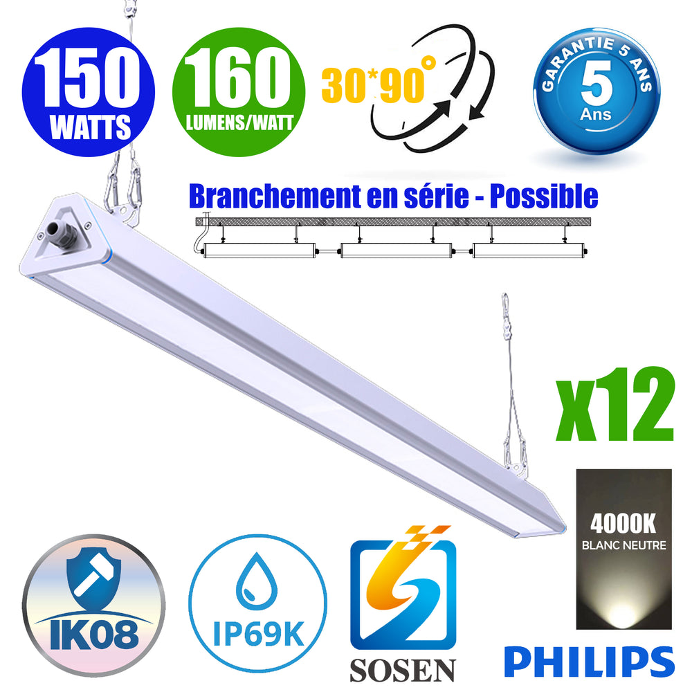 Pack de 12x Lampes industrielles linéaires - Série LINEAR V2 - 150 Watts - 24 000 Lumens - 160 Lumens/watt - Angle 30x90°  - IP66 - 90 x 11 x 8 cm - Transformateur SOSEN - Branchement en Série Possible - 4000K - Accessoires inclus - Garantie 5 ans