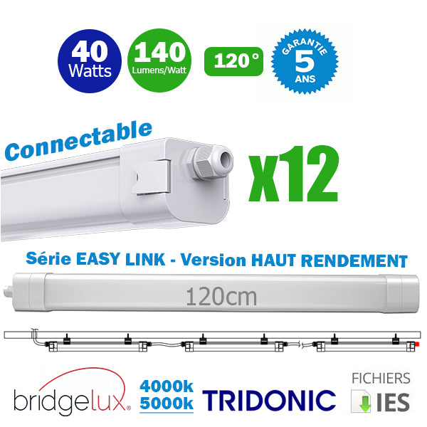 Pack de 12x Réglettes LED étanches connectables - Série EASY-LINK - Version HAUT RENDEMENT - 40 Watts - 5600 Lumens - 140 Lumens/Watt - 129 x 7 x 6 cm - Angle 120° - IP65 - 4000k / 5000k - Transformateur TRIDONIC - Garantie 5 ans