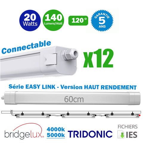 Pack de 12x Réglettes LED étanches connectables - Série EASY-LINK - Version HAUT RENDEMENT - 20 Watts - 2800 Lumens - 140 Lumens/Watt - 66 x 7 x 6 cm - Angle 120° - IP65 - 4000k / 5000k - Transformateur TRIDONIC - Garantie 5 ans