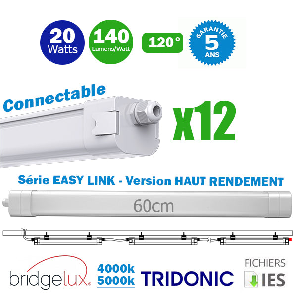 Pack de 12x Réglettes LED étanches connectables - Série EASY-LINK - Version HAUT RENDEMENT - 20 Watts - 2800 Lumens - 140 Lumens/Watt - 66 x 7 x 6 cm - Angle 120° - IP65 - 4000k / 5000k - Transformateur TRIDONIC - Garantie 5 ans