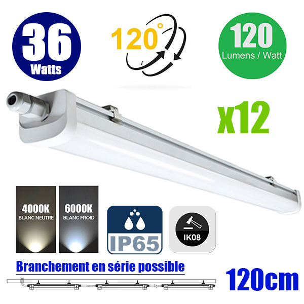Pack de 12x Réglettes LED TRI-PROOF connectables - Série EASY LINK V2  - 36 Watts - 4320 Lumens - 120 Lumens/watt - IP65 - Angle 120° - Protection à l'impact IK08 - 124 x 6 x 5 cm - 4000k / 6000k au choix