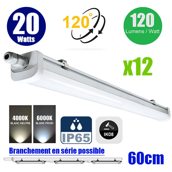 Pack de 12x Réglettes LED TRI-PROOF connectables - Série EASY LINK V2  - 20 Watts - 2400 Lumens - 120 Lumens/watt - IP65 - Angle 120° - Protection à l'impact IK08 - 69 x 6 x 5 cm - 4000k / 6000k au choix