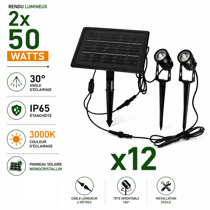 Pack de 12x Ensembles de 2 Spots Solaires LED sur Piquet – Série SPIKE – 2 × 50W – 2 × 130 lm – 3000K – IP65 – Panneau Solaire Monocristallin – Capteur Crépusculaire – 4 Modes – Câbles 2 × 2 m – Angle 30° - Total 24 spots et 12 panneaux solaires