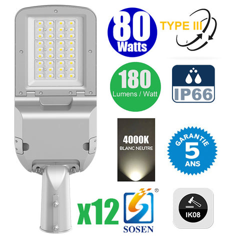 Pack de 12x Lampadaires LED Filaires Rotatifs - Série FLEX EVO - 80 Watts - 14 400 Lumens - 180 Lumens/Watt - Angle TPIII - IP66 - IK08 - 56 x 20 x 10 cm - 4000k - Transformateur SOSEN - Tube d'insertion 60mm - Garantie 5 ans