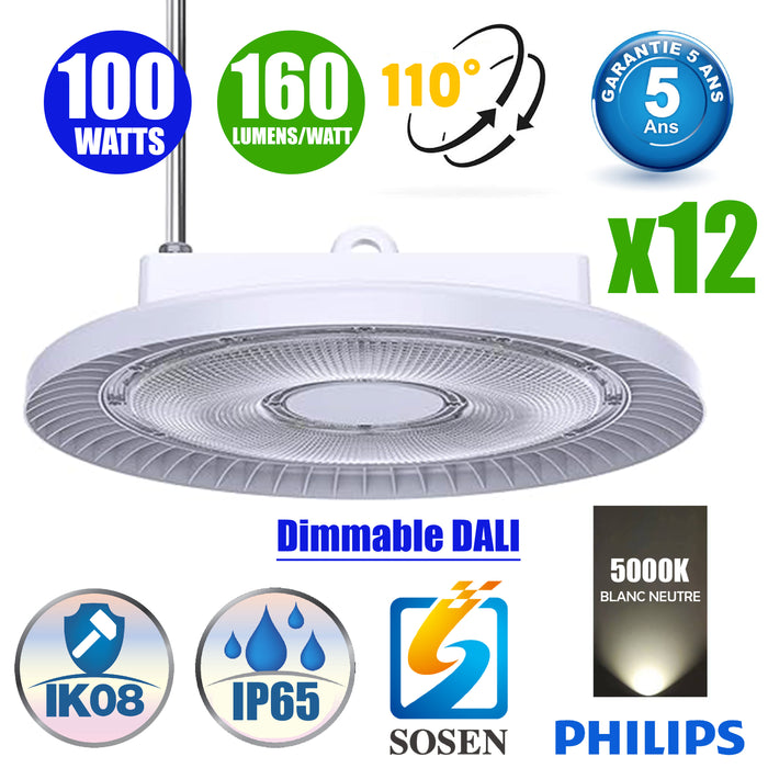 Pack de 12x Lampes industrielles UFO - Série WHITE - 100 Watts - 16 000 Lumens - 160 Lumens/Watt - Angle 110° - IP65 - Protection à l'impact IK08 - 38 x 13cm - 5000k - Transformateur SOSEN  - DALI - Garantie 5 ans