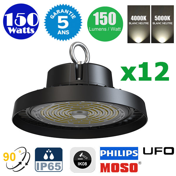 Pack de 12x Lampes industrielles UFO - Série AVENIR - 150 Watts - 22 500 Lumens - 150 Lumens/Watt - Angle 90° - IP65 - IK08 - 26 x 16 cm - Transformateur MOSO - 4000k / 5000k - Garantie 5 ans