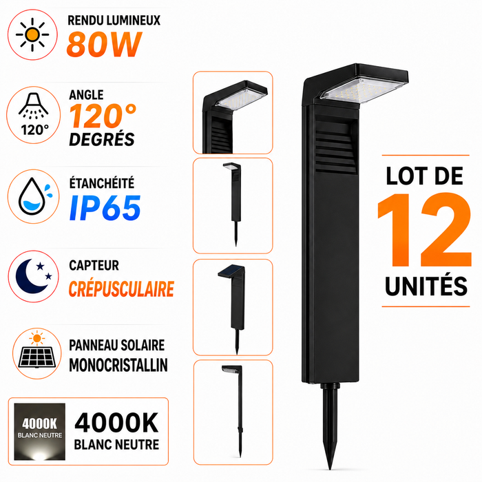 Lot de 12x Balises / Bornes solaires LED - Série BALIZ XL - Rendu lumineux 80 Watts - 200 Lumens - Angle 120° - IP65 - 41 x 16 x 9cm - 4000K - Avec capteur crépusculaire - 2 Modes d'éclairage - Panneau MONOCRISTALLIN