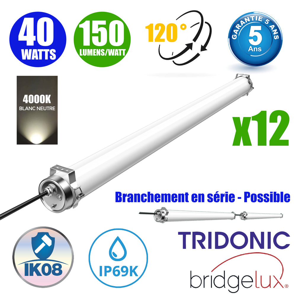 Pack de 12x Tubes LED étanches 120cm - Série TUBIX - 40 Watts - 6000 Lumens - 150 Lumens/watt - Angle 120°  - IP69K - 120 x 8 cm - Transformateur TRIDONIC - Branchement en Série Possible - 4000K - Garantie 5 ans
