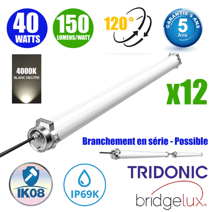 Pack de 12x Tubes LED étanches 120cm - Série TUBIX - 40 Watts - 6000 Lumens - 150 Lumens/watt - Angle 120°  - IP69K - 120 x 8 cm - Transformateur TRIDONIC - Branchement en Série Possible - 4000K - Garantie 5 ans