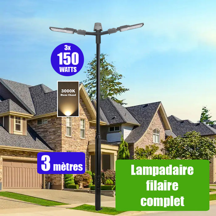 Pack lampadaire filaire complet triple tête 3 mètres : 3x Lampes de rue filaire - Série FLEX ECO - 150 Watts - 3000k + Mât STANDARD 3 mètres avec trappe au choix (STANDARD V2 EVO ou STANDARD V4 EVO) + Triple tête de mât perpendiculaire