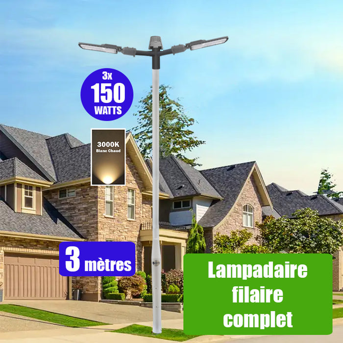 Pack lampadaire filaire complet triple tête 3 mètres : 3x Lampes de rue filaire - Série FLEX ECO - 150 Watts - 3000k + Mât STANDARD 3 mètres avec trappe au choix (STANDARD V2 EVO ou STANDARD V4 EVO) + Triple tête de mât perpendiculaire