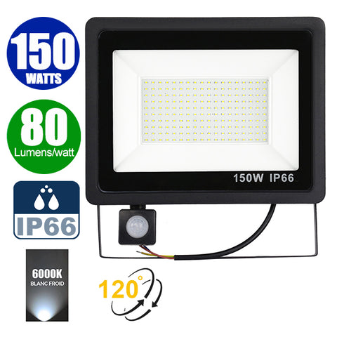 Projecteur LED filaire - Série PAD PIR - 150 Watts - 12 000 Lumens - 80 Lumens/Watt - Angle 120° - IP66 - 32 x 27 x 6 cm - 6000k - Avec détecteur de mouvement Infrarouge