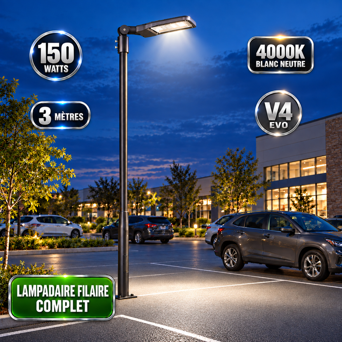 Pack lampadaire filaire complet 3/4/5/6 mètres au choix : Lampadaire LED filaire Série FLEX V4 + Mât STANDARD V4 EVO - Entraxe des trous 200mm - Noir ou Gris