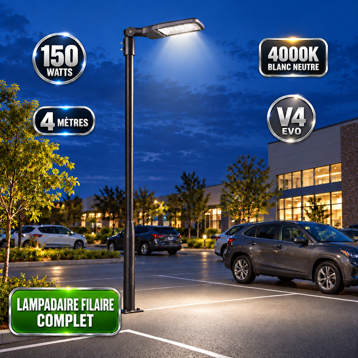 Pack lampadaire filaire complet 3/4/5/6 mètres au choix : Lampadaire LED filaire Série FLEX V4 + Mât STANDARD V4 EVO - Entraxe des trous 200mm - Noir ou Gris