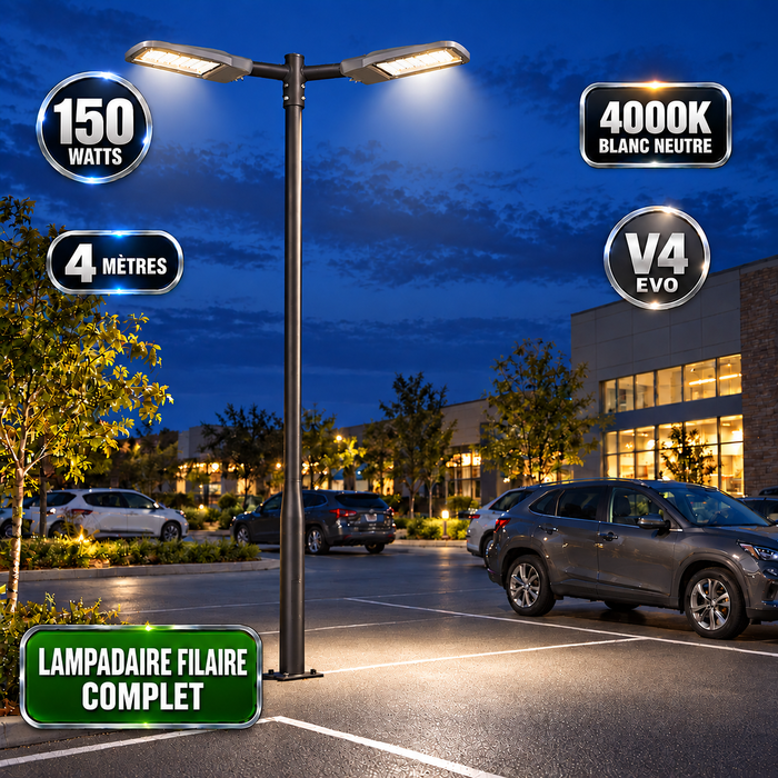 Pack lampadaire filaire complet double tête 3/4/5/6 mètres au choix : 2x Lampadaires LED filaires Série FLEX V4 + Mât STANDARD V4 EVO - Entraxe des trous 200mm - Noir ou Gris + Adaptateur en ligne ou perpendiculaire 80/60mm