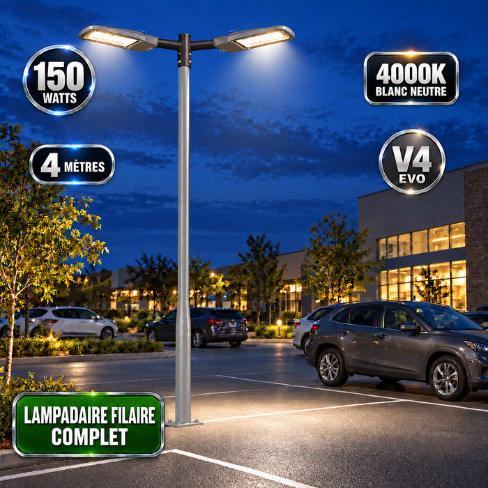 Pack lampadaire filaire complet double tête 3/4/5/6 mètres au choix : 2x Lampadaires LED filaires Série FLEX V4 EVO - Avec capteur crépusculaire + Mât STANDARD V4 EVO - Entraxe des trous 200mm - Noir / Gris + Adaptateur en ligne ou perpendiculaire