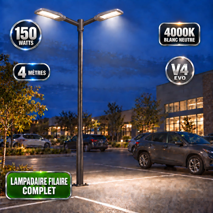 Pack lampadaire filaire complet double tête 3/4/5/6 mètres au choix : 2x Lampadaires LED filaires Série FLEX V4 EVO - Avec capteur crépusculaire + Mât STANDARD V4 EVO - Entraxe des trous 200mm - Noir / Gris + Adaptateur en ligne ou perpendiculaire