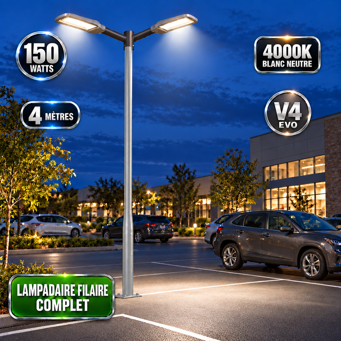 Pack lampadaire filaire complet double tête 3/4/5/6 mètres au choix : 2x Lampadaires LED filaires Série FLEX V4 + Mât STANDARD V4 EVO - Entraxe des trous 200mm - Noir ou Gris + Adaptateur en ligne ou perpendiculaire 80/60mm