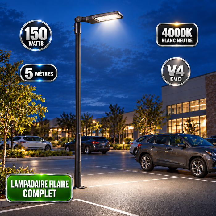 Pack lampadaire filaire complet 3/4/5/6 mètres au choix : Lampadaire LED filaire Série FLEX V4 + Mât STANDARD V4 EVO - Entraxe des trous 200mm - Noir ou Gris
