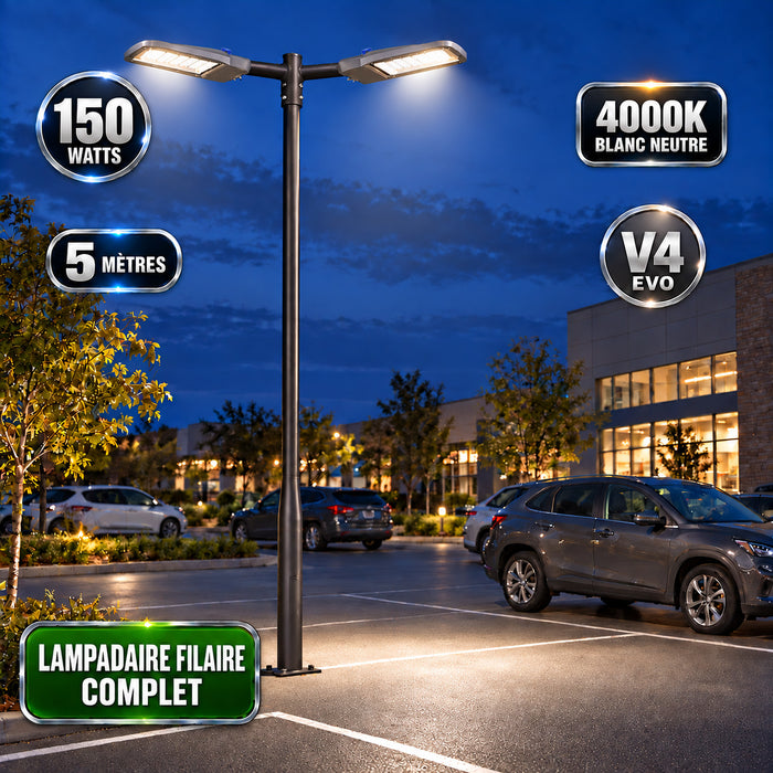 Pack lampadaire filaire complet double tête 3/4/5/6 mètres au choix : 2x Lampadaires LED filaires Série FLEX V4 EVO - Avec capteur crépusculaire + Mât STANDARD V4 EVO - Entraxe des trous 200mm - Noir / Gris + Adaptateur en ligne ou perpendiculaire