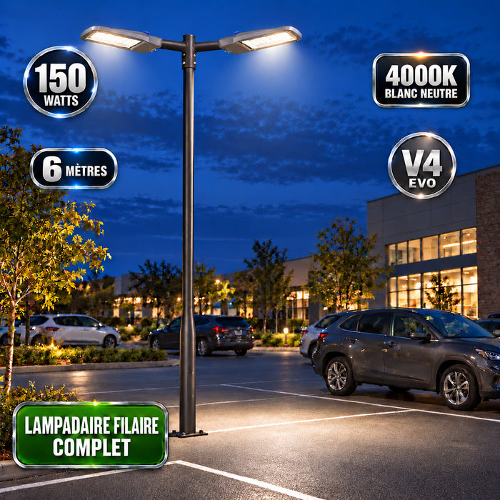 Pack lampadaire filaire complet double tête 3/4/5/6 mètres au choix : 2x Lampadaires LED filaires Série FLEX V4 EVO - Avec capteur crépusculaire + Mât STANDARD V4 EVO - Entraxe des trous 200mm - Noir / Gris + Adaptateur en ligne ou perpendiculaire