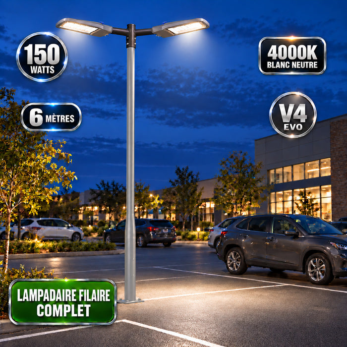Pack lampadaire filaire complet double tête 3/4/5/6 mètres au choix : 2x Lampadaires LED filaires Série FLEX V4 EVO - Avec capteur crépusculaire + Mât STANDARD V4 EVO - Entraxe des trous 200mm - Noir / Gris + Adaptateur en ligne ou perpendiculaire