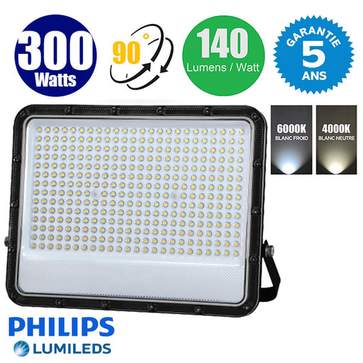 Projecteur LED filaire - Série PERLE V3 - 300 Watts - 42 000 Lumens - 140 Lumens/watt - Angle 90° - IP65 - 40 x 33 x 5 cm - Puce LED LUMILEDS - Câble 1 mètre - 6000k / 4000k au choix -  Garantie 5 ans