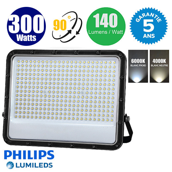 Projecteur LED filaire - Série PERLE V3 - 300 Watts - 42 000 Lumens - 140 Lumens/watt - Angle 90° - IP65 - 40 x 33 x 5 cm - Puce LED LUMILEDS - Câble 1 mètre - 6000k / 4000k au choix -  Garantie 5 ans