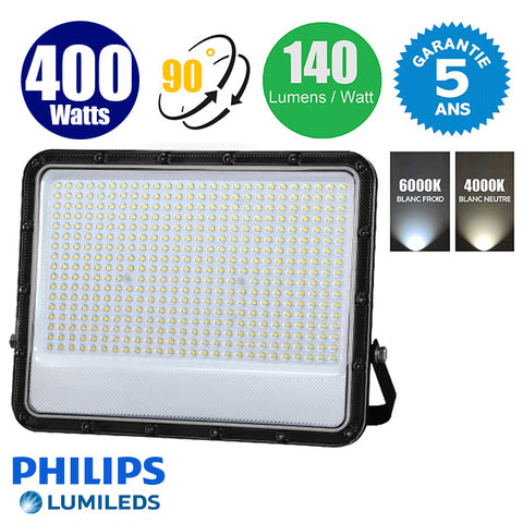 Projecteur LED filaire - Série PERLE V3 - 400 Watts - 56 000 Lumens - 140 Lumens/watt - Angle 90° - IP65 - 54 x 46 x 6 cm - Puce LED LUMILEDS - Câble 1 mètre - 6000k / 4000k au choix -  Garantie 5 ans